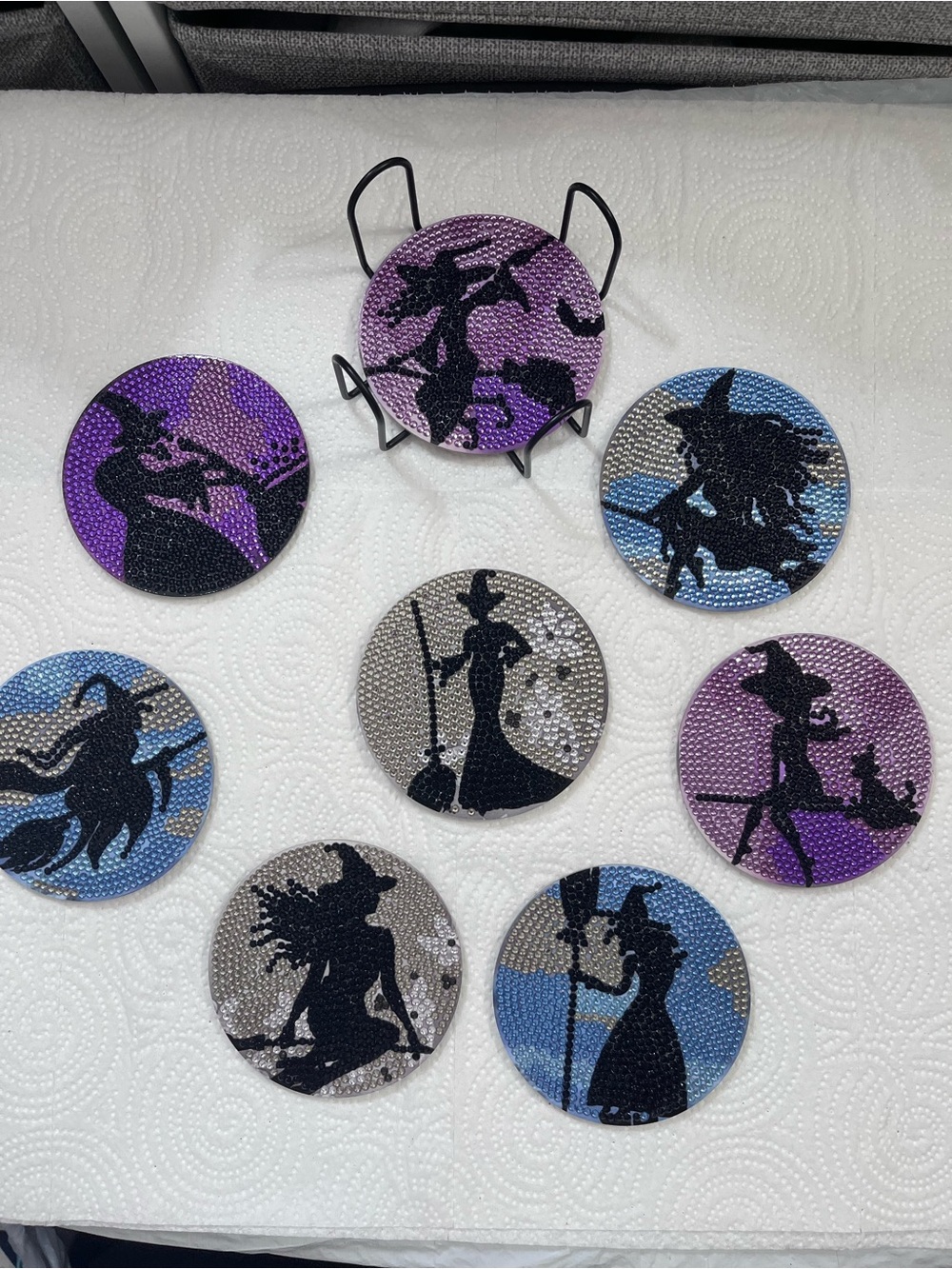Handmade Witch Silhouette Beaded Coasters - Purple, Blue, Silver & Black